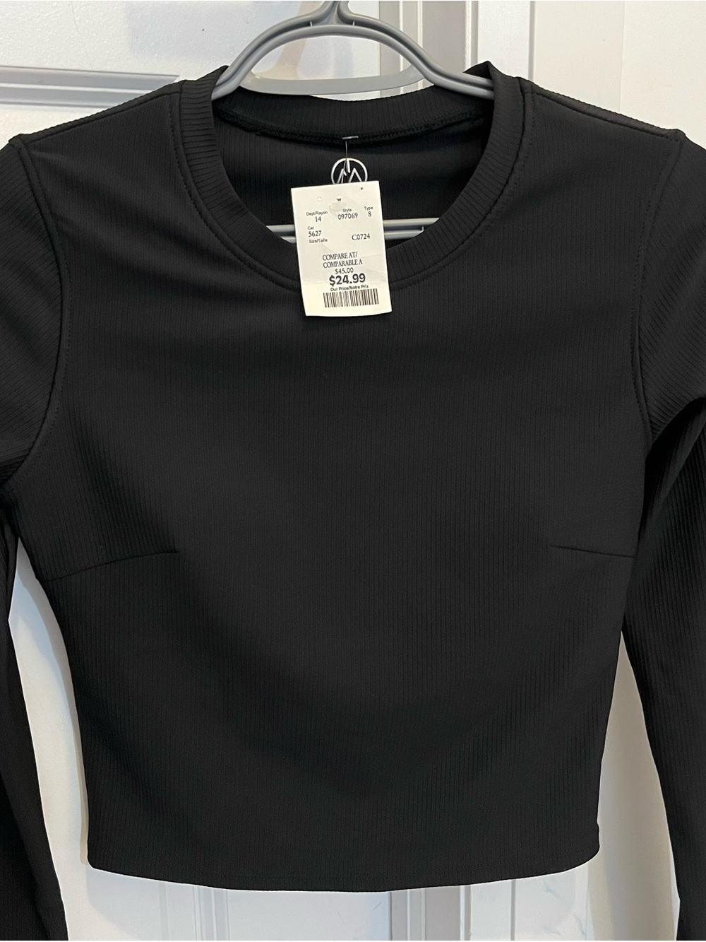 Black Ribbed Long-Sleeve Crewneck Top